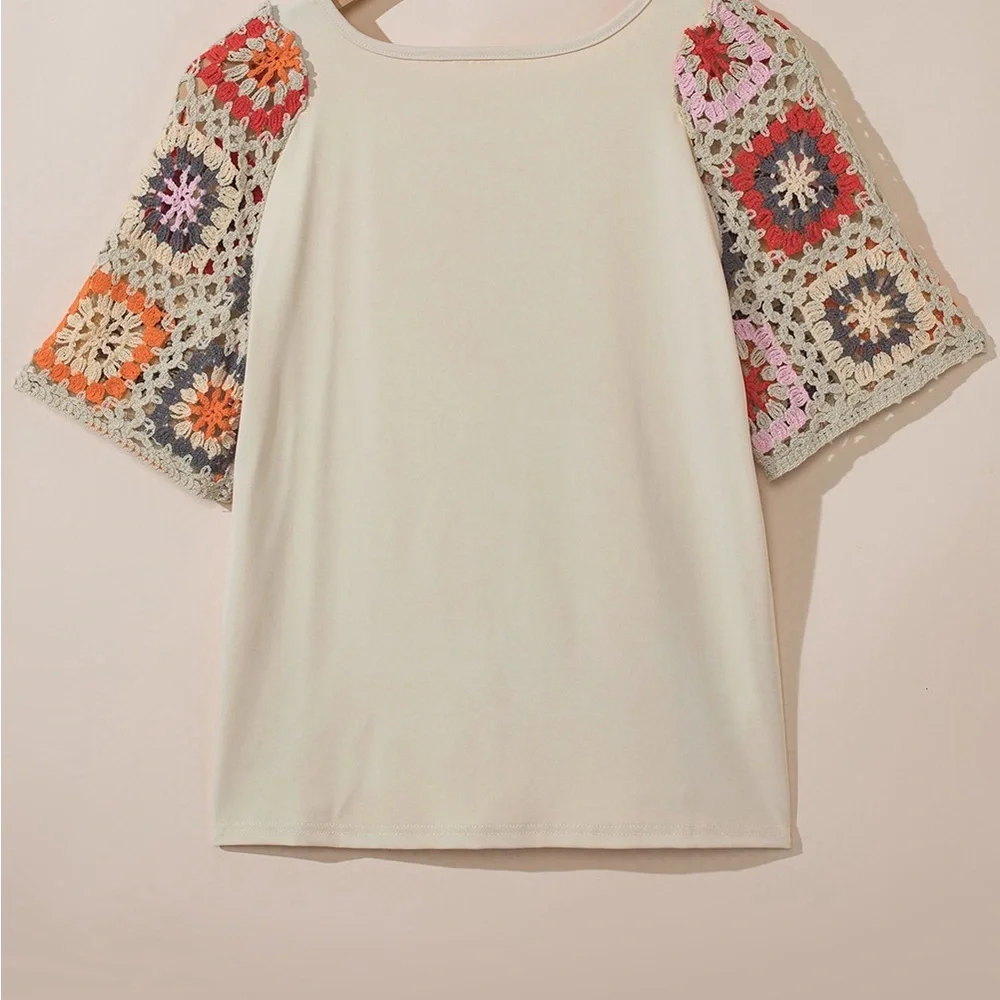 Parchment Floral Crochet Short Sleeve Top Bohemian Blouse